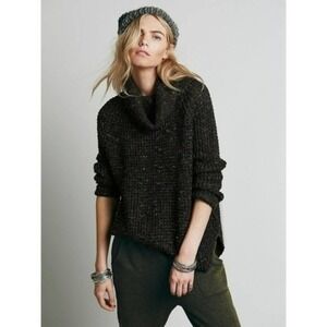 Free People Black Dylan Tweedy Cowl Neck Chunky Knit Sweater Size Small